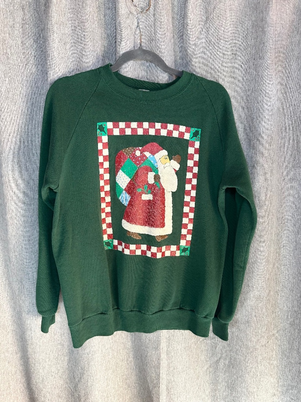 Vintage 90s Christmas Santa Crewneck Sweatshirt Green Checked Border - Size M/L